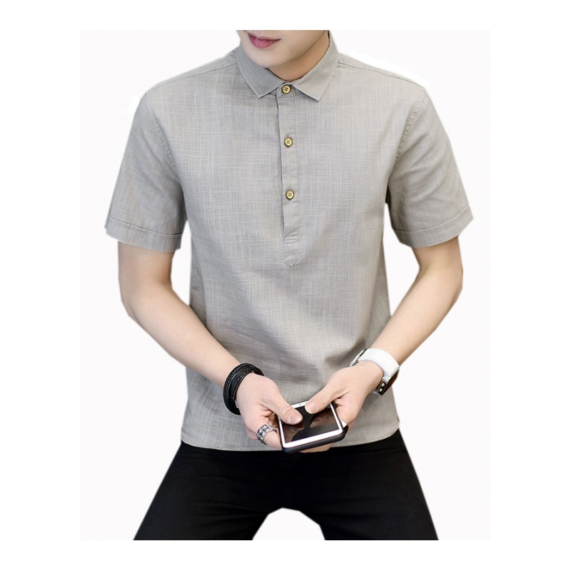 男士衬衫POLO衫纯色上衣青年亚麻纯色复古中国风2018新款夏季短袖