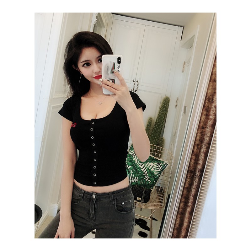2018夏季新款性感紧身刺绣T恤衫女心机低胸夜店网红主播上衣小衫
