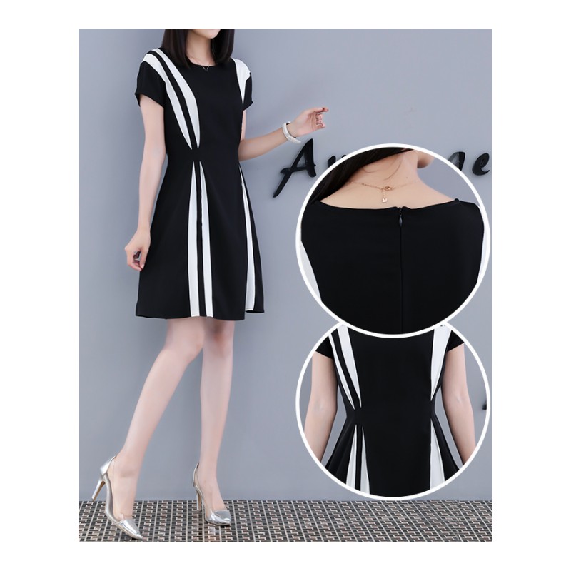 2018新款夏季韩版女装时尚中长款黑白拼接收腰显瘦气质雪纺连衣裙