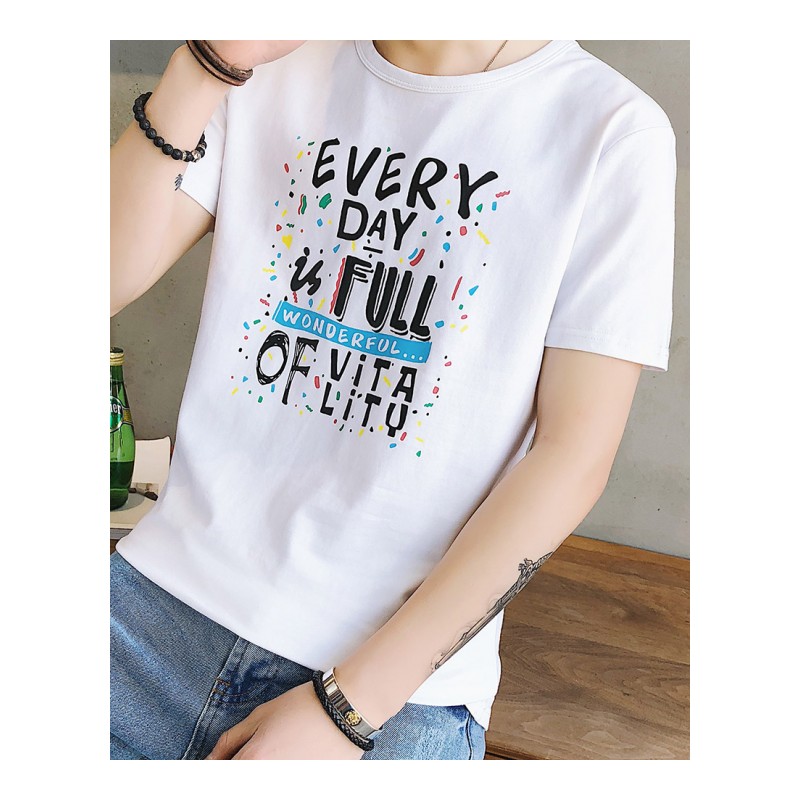 男士短袖T恤2018夏季青年韩版潮流体恤衫修身圆领印花半截袖男装