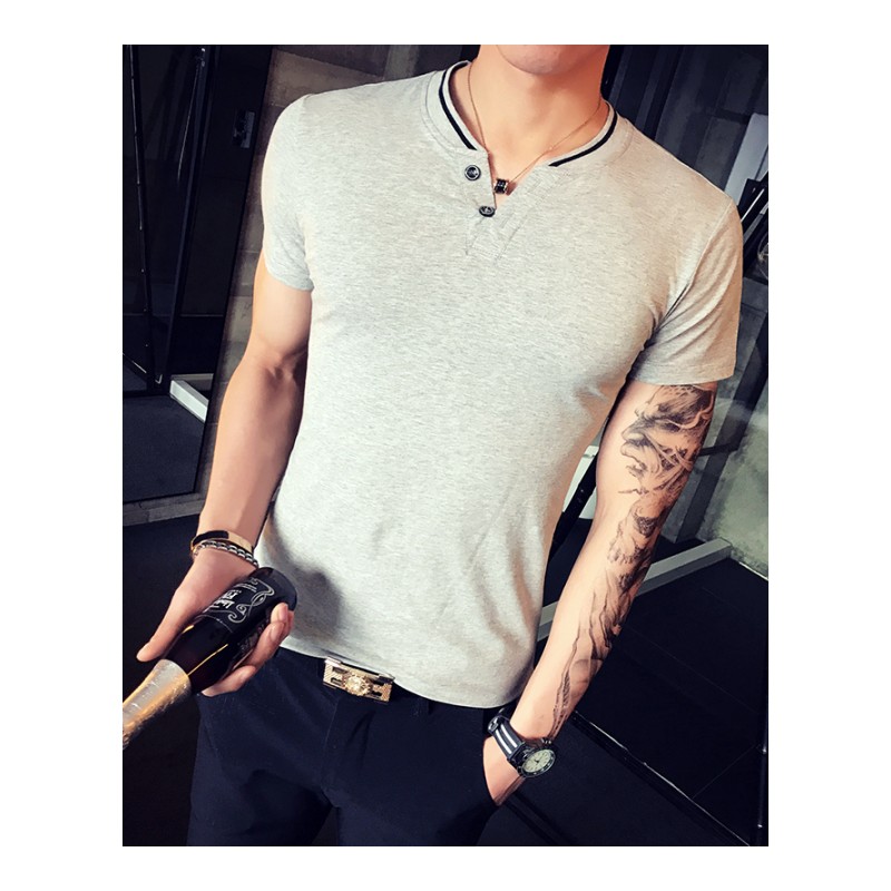 2018夏季男装黑白潮男士短袖T恤V领纯色体恤打底衫韩版半袖上衣潮