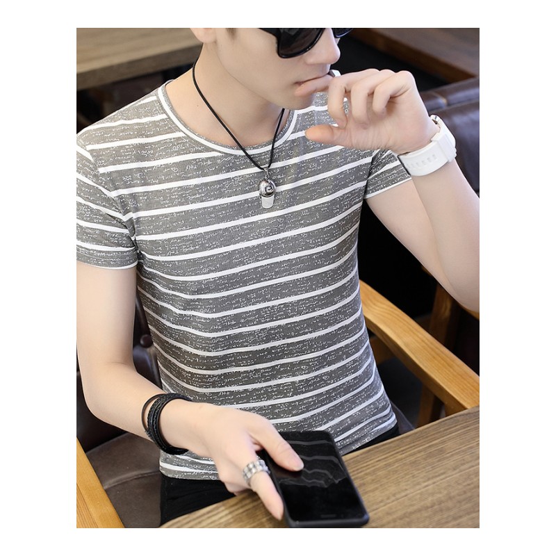夏季新款短袖T恤男士韩版潮流条纹男装上衣服青年纯棉半袖体恤衫