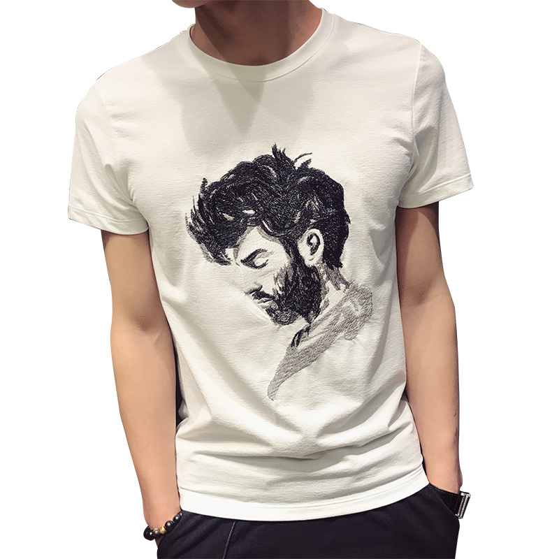 2018潮流青年休闲短袖夏季时尚潮牌青春流行人头绣花修身T恤男装