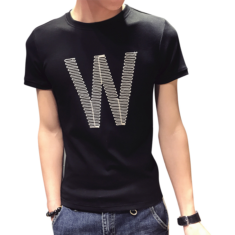 男士短袖T恤潮流字母编绳刺绣韩版修身圆领紧身半袖2018夏季新款