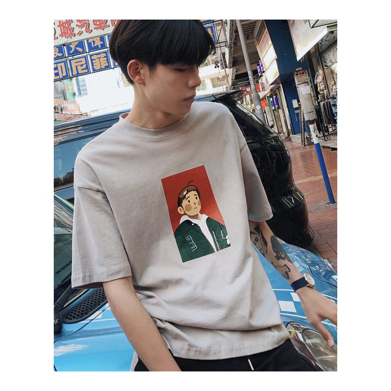 港风夏季新款卡通印花短袖T恤男士韩版学生体恤宽松圆领半袖潮tee