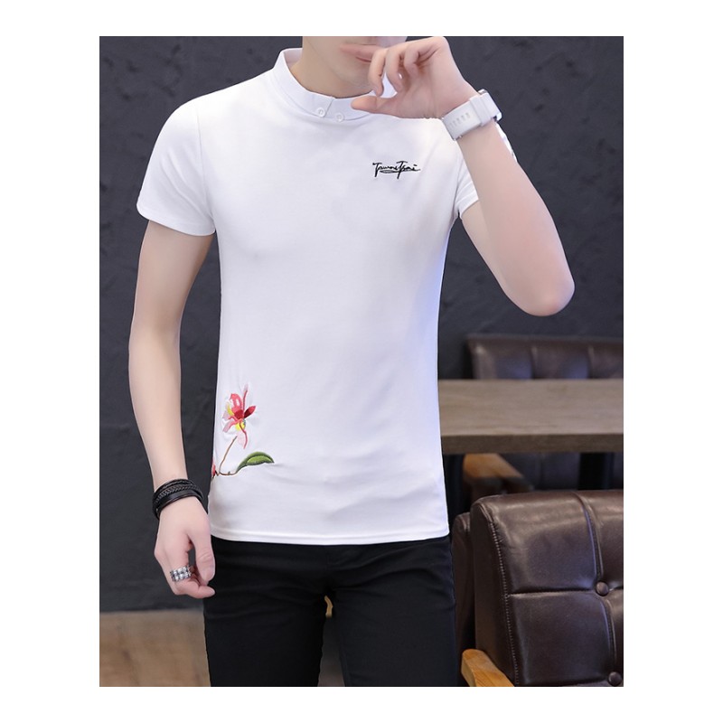 夏季新款男士短袖T恤青少年修身韩版潮流POLO纯白色棉打底衫衣服