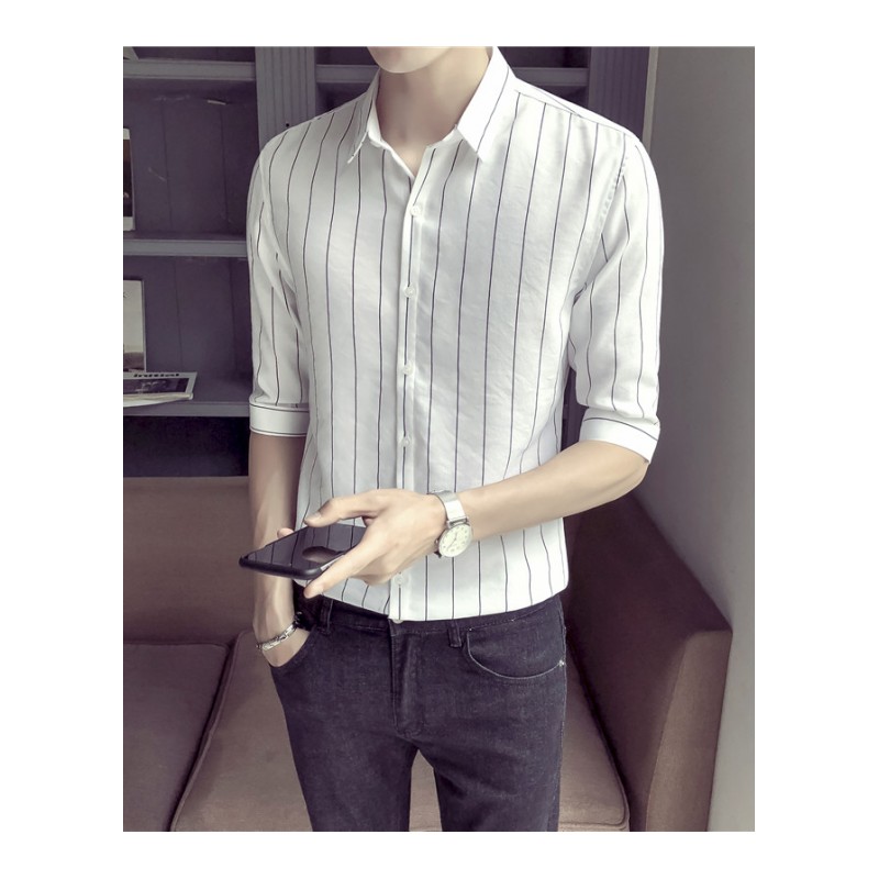 男士2018夏装条纹英伦风工作服五分袖衬衫韩版修身短袖衬衫中袖潮