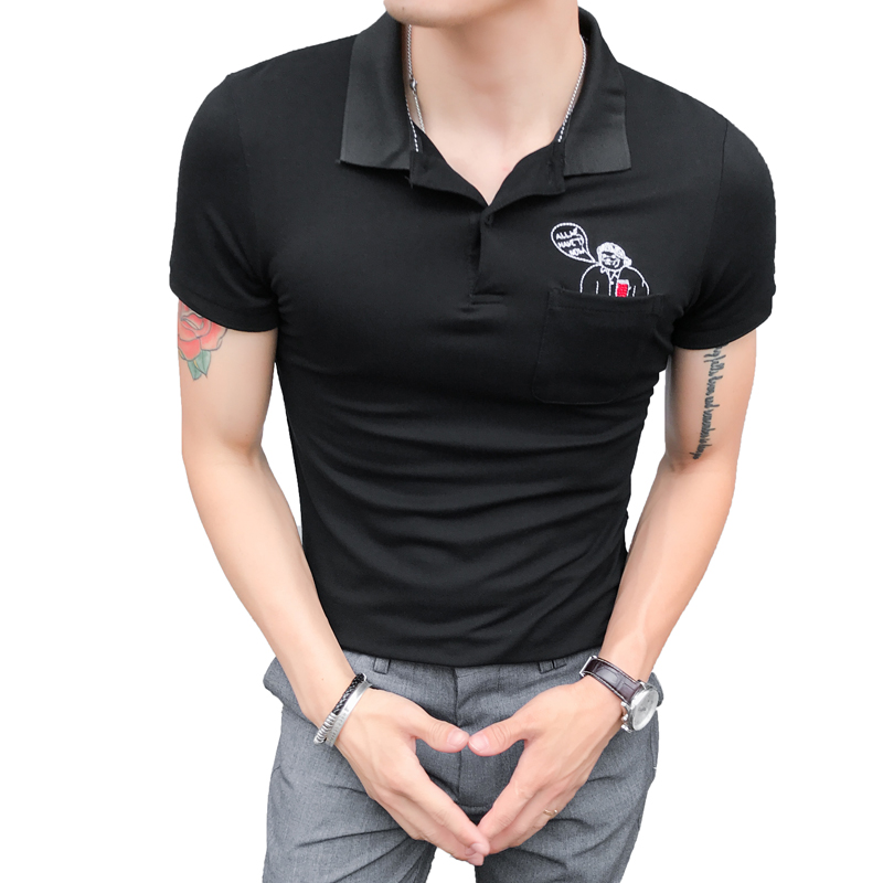 夏季韩版保罗衫紧身纯色POLO衫翻领修身卡通刺绣短袖T恤男士青年