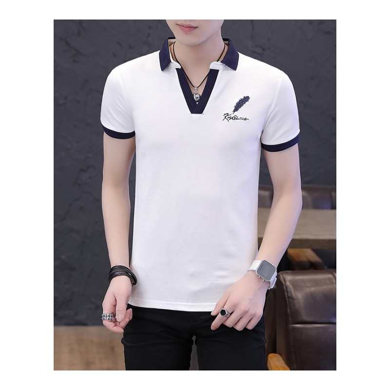 夏装新款polo衫男装翻领短袖T恤V领修身休闲韩版纯色衣服青年潮流