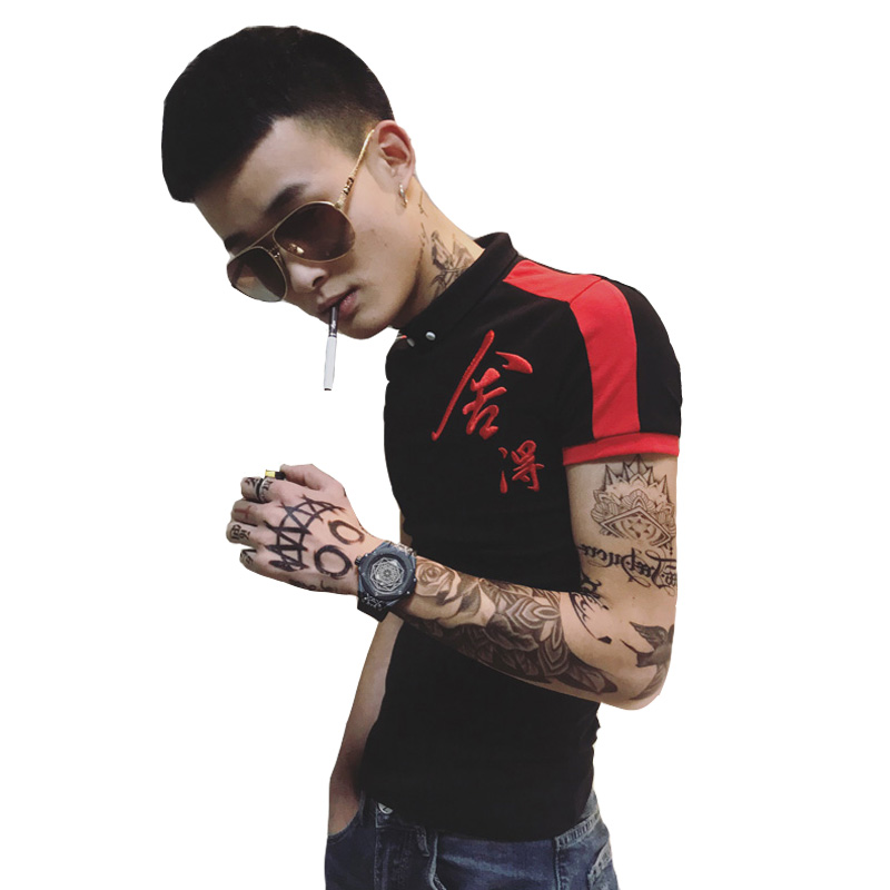 夏季男士短袖T恤韩版社会精神小伙半袖修身白色刺绣POLO衫潮衣服