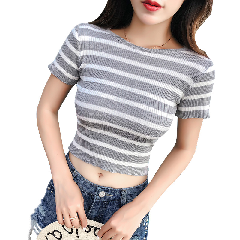 短袖T恤女2018新款夏装百搭修身漏脐打底上衣黑白条纹冰丝针织衫