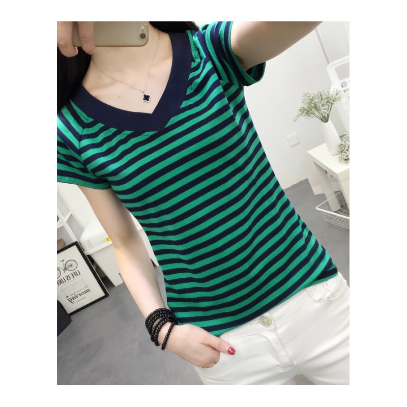 夏季女装2018新款半袖纯棉条纹短袖T恤女修身体恤性感V领上衣服潮