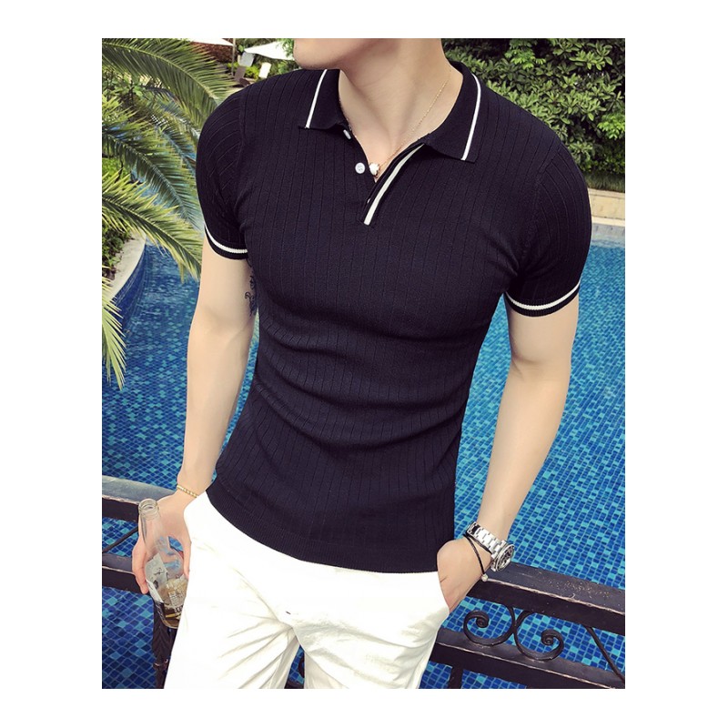 夏季男士短袖T恤韩版修身条纹P0LO衫休闲帅气针织衬衫青年衣服装