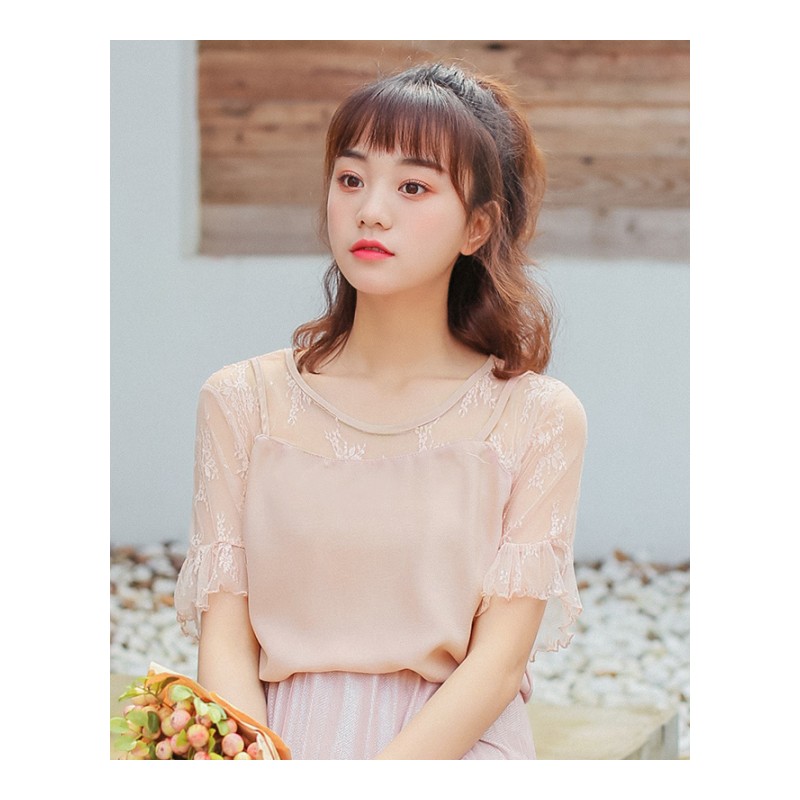 雪纺衫短袖女2018夏季新款韩版百搭宽松小衫蕾丝衫喇叭袖上衣服潮