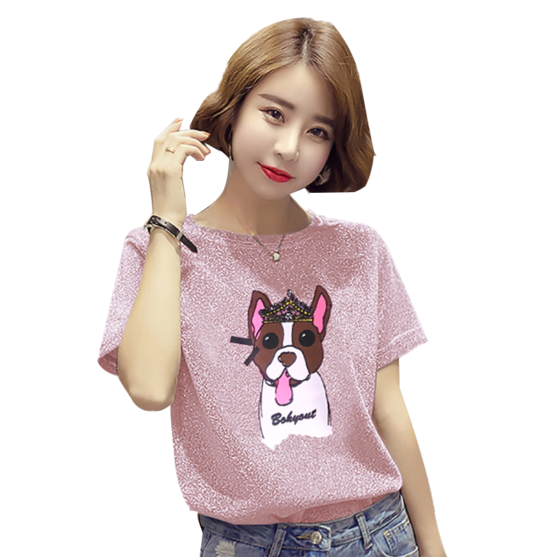 2018新款亮丝短袖T恤女夏装韩版学生卡通百搭宽松冰丝个性上衣服