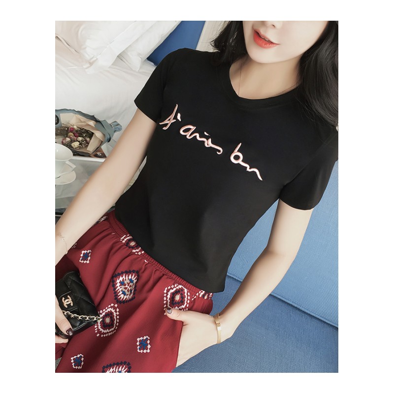 绣花短袖T恤女夏装新款韩版圆领上衣字母刺绣初中学生打底衫T恤潮
