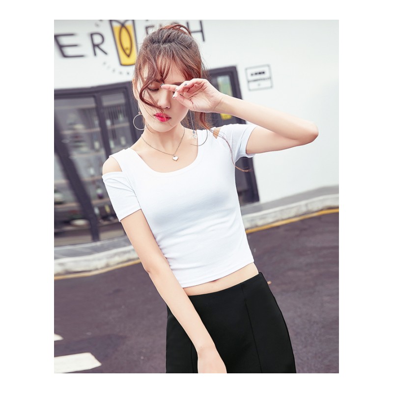 2018夏装百搭圆领女装修身性感露肩短袖T恤露肚脐上衣紧身打底衫