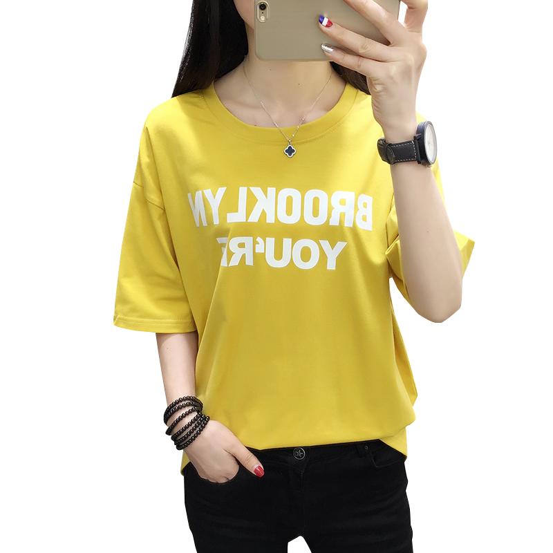 短袖T恤女2018夏装新款韩版宽松印花上衣服圆领显瘦初中学生体恤