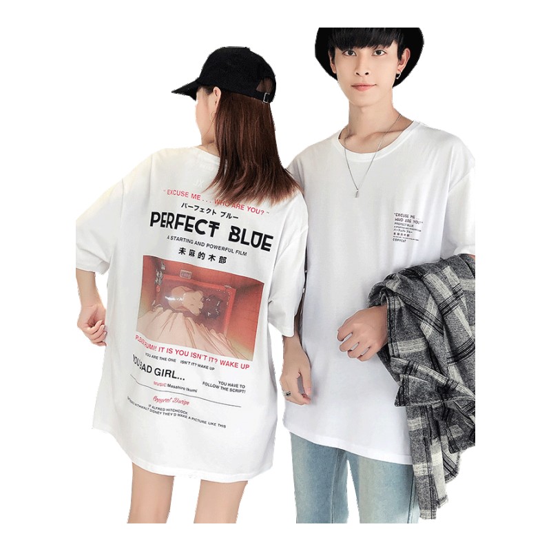 嘻哈男女白色半袖纯棉上衣怪味少女酷酷街头百搭印花宽松情侣装潮