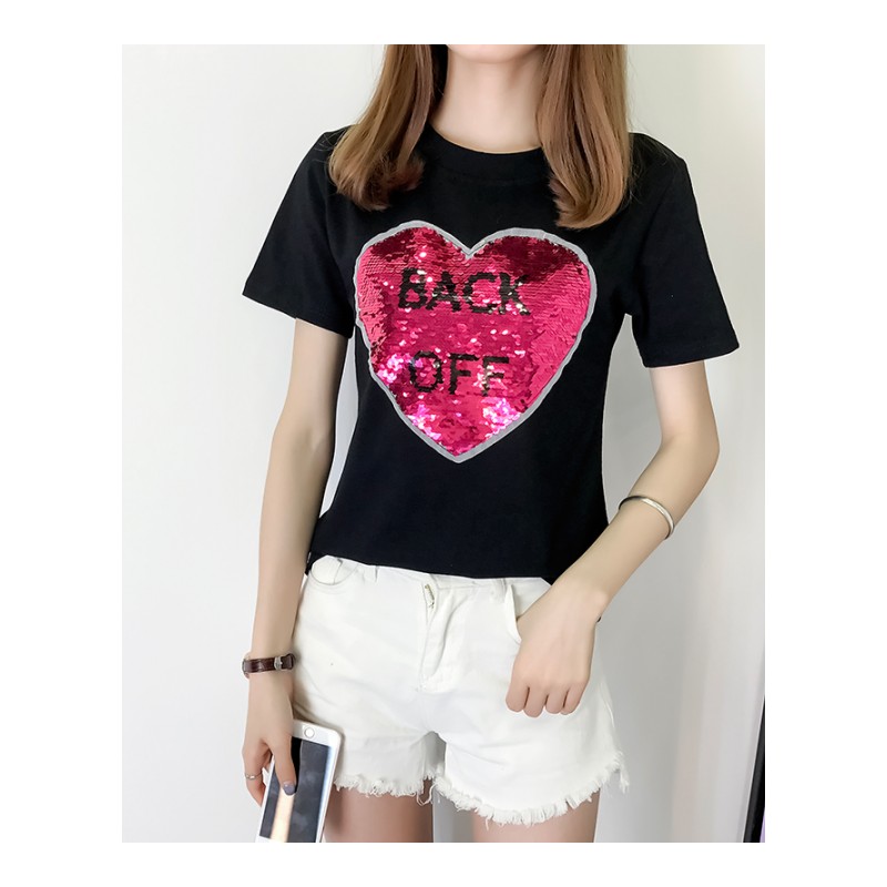 学生短袖T恤2018新款韩版字母珠片爱心短袖圆领女装夏季百搭上衣