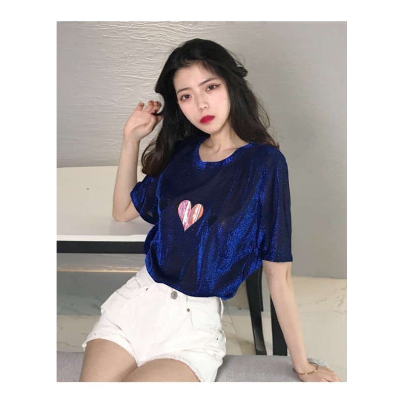 夏装女装2018新款韩版个性闪光上衣爱心刺绣亮丝宽松短袖T恤学生