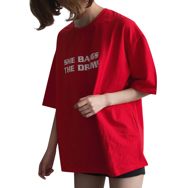 夏季纯棉T恤女短袖宽松BF风简约纯色字母打底衫半袖学生百搭上衣