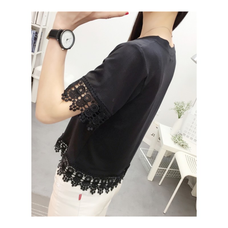 2018夏季新款宽松蕾丝显瘦T恤短款女打底衫学生纯棉短袖短衫上衣