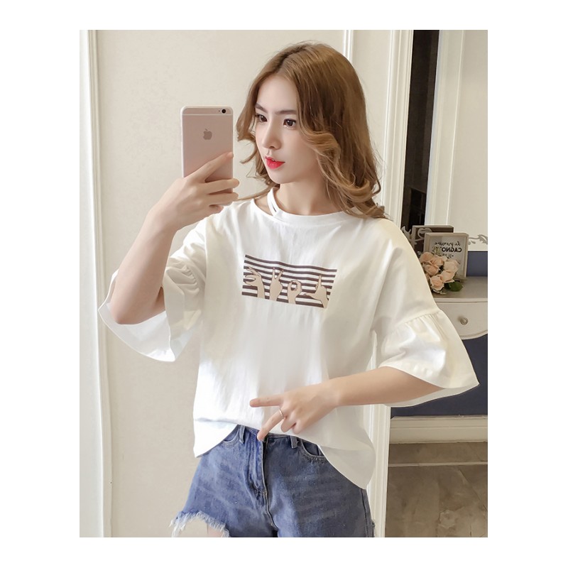 短袖女装夏装2018新款潮春夏季T恤上衣韩版百搭喇叭袖打底小衫
