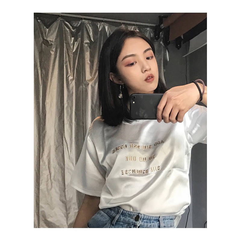 夏季新款韩版学院风气质光泽立体金字母圆领短袖T恤学生显瘦上衣