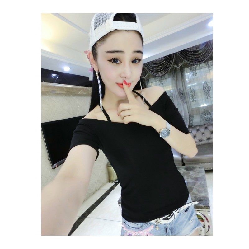 欧洲站2018夏季女装新款韩版百搭露肩短袖T恤修身纯棉半袖体恤潮
