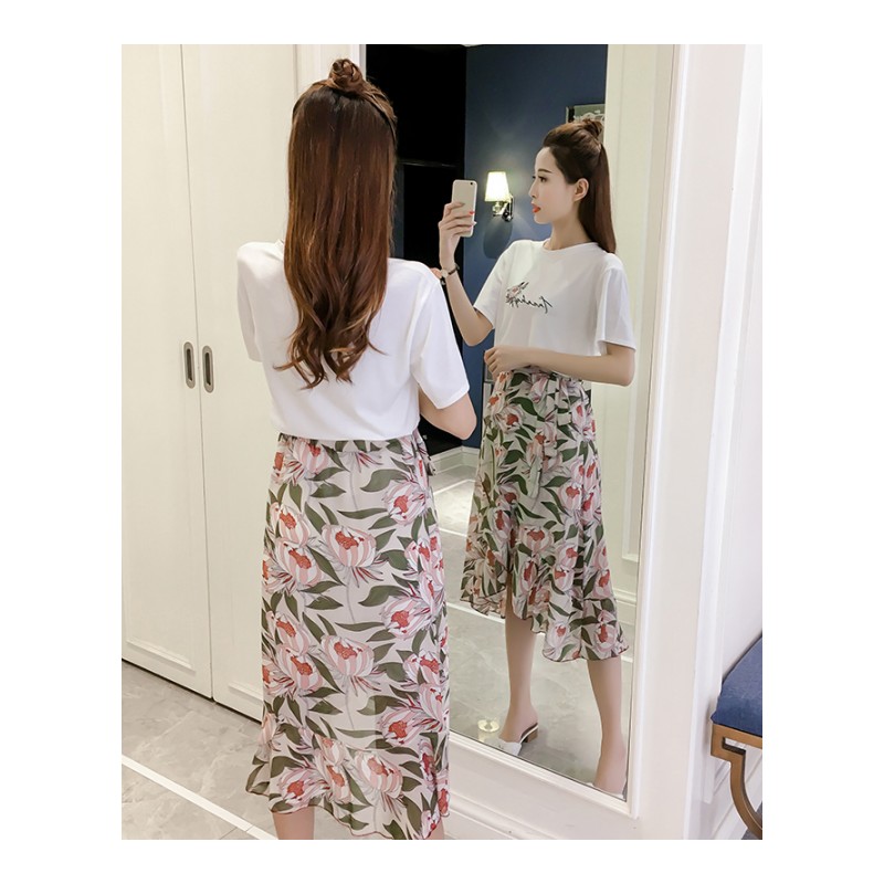 夏季新款韩版刺绣短袖T恤+荷叶边碎花半身裙港味套装女chic两件套
