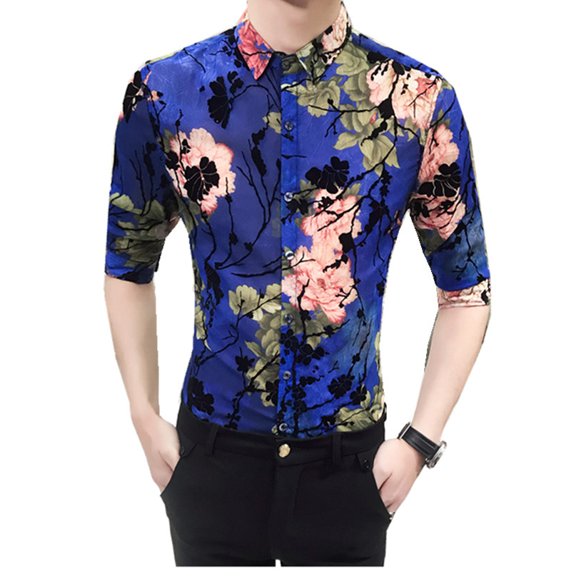 个性中袖印花衬衫男夏季韩版潮七分袖衬衫型师修身碎花短袖衬衣