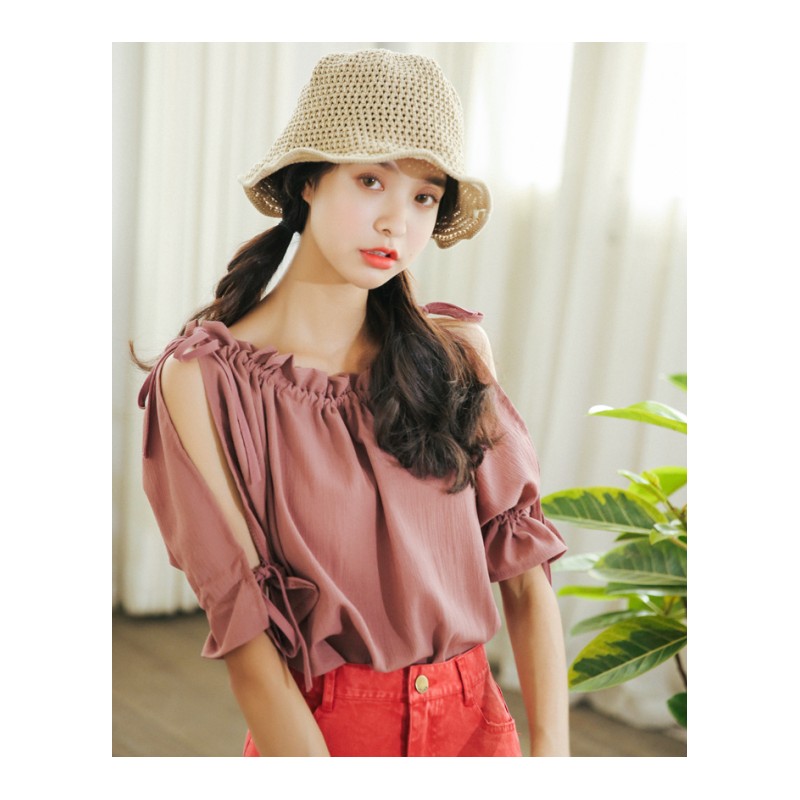 2018夏新款韩版露肩系带百搭甜美上衣女T纯色五分短袖学院风学生