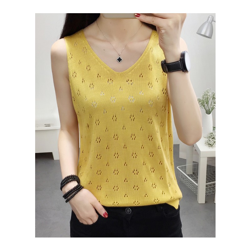 2018夏季新款无袖针织v领镂空带背心女夏装上衣短款打底衫内搭