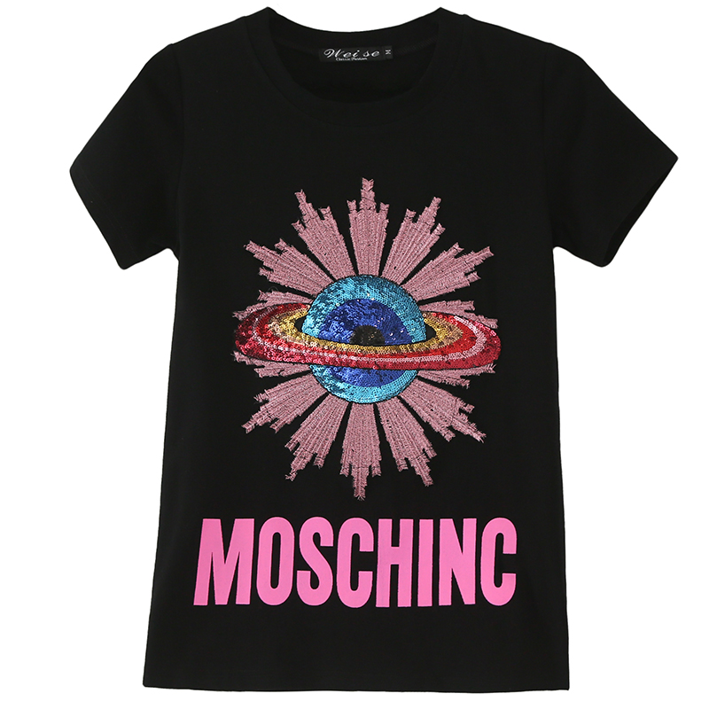 2018欧洲站夏装新款韩版修身小衫刺绣亮片纯棉短袖T恤女潮流百搭