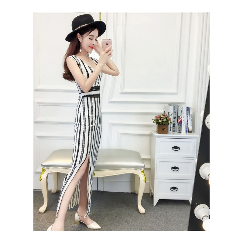欧州站2018时尚气质夏季新款名媛性感露背修身包臀礼服开叉连衣裙