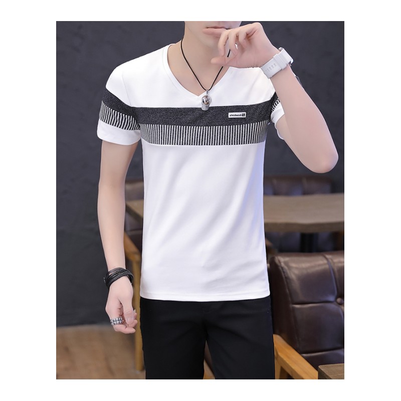 夏季短袖T恤男生上衣韩版条纹体恤男帅气半袖衣服潮流男装打底衫