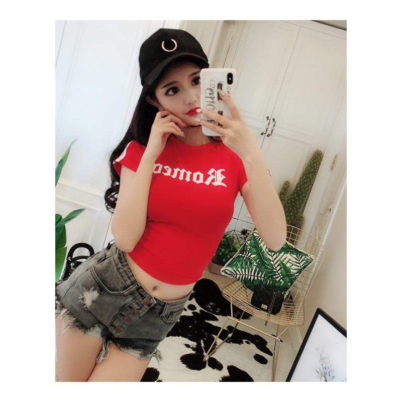 ins半袖T恤性感紧身短款露脐上衣纯棉女潮牌印花小衫2018夏季短袖