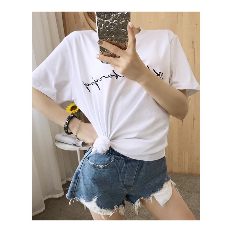 全白短袖T恤女宽松夏季韩版学生个性字母刺绣百搭半袖衫上衣体恤