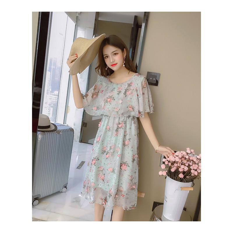 2018夏新款韩版荷叶袖碎花雪纺连衣裙田园风印花仙女裙甜美中长裙