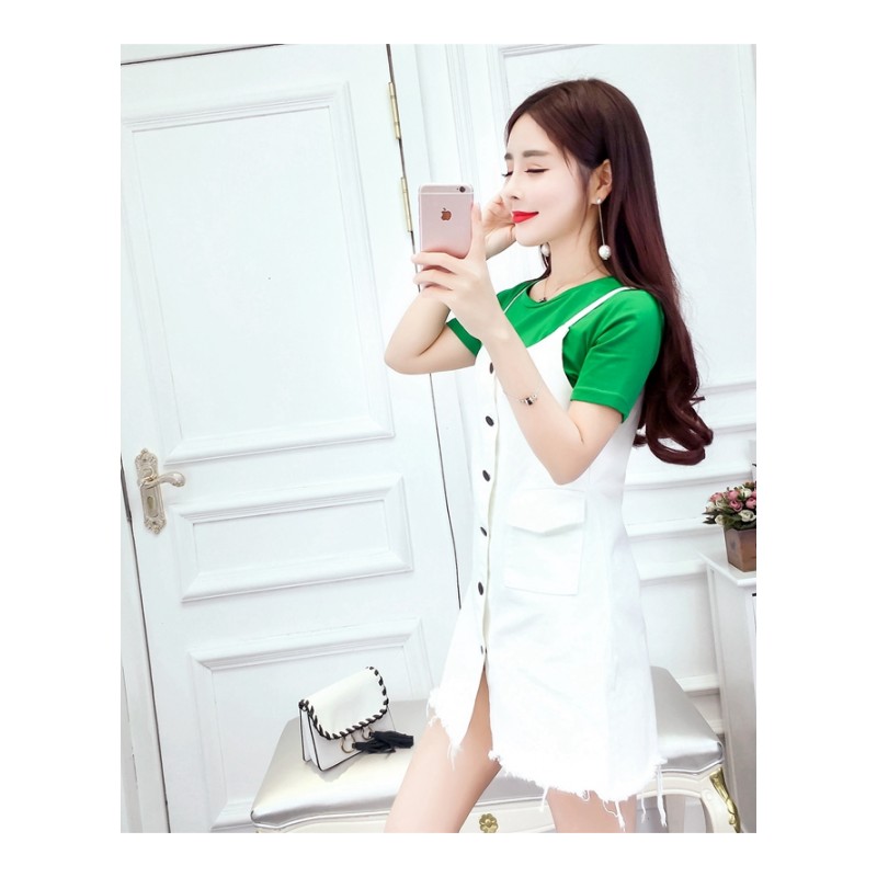 2018夏季新款韩版学院风纯色圆领百搭短袖T恤+显瘦排扣背带裙套装