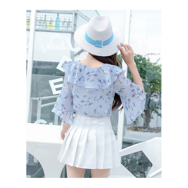 2018夏季新款韩版宽松V领喇叭袖荷叶边雪纺上衣女短袖碎花衬衫潮