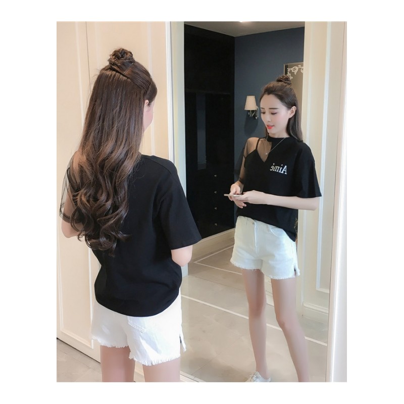 2018青少年新款学生夏季网纱拼接T恤女韩版露肩短袖潮chic上衣女