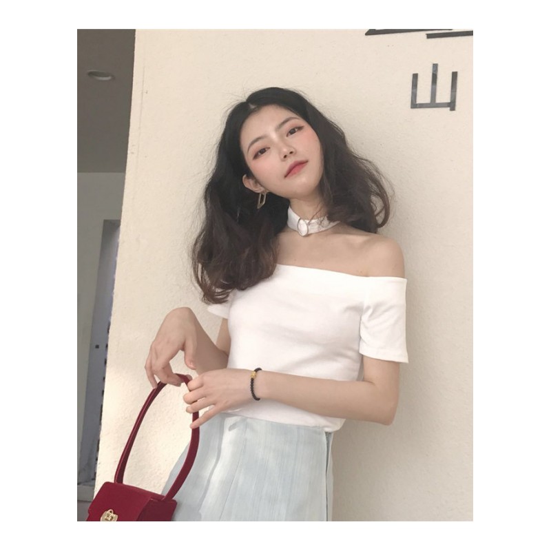 夏季韩版chic修身显瘦不规则斜领露肩短袖T恤女纯色百搭半袖上衣