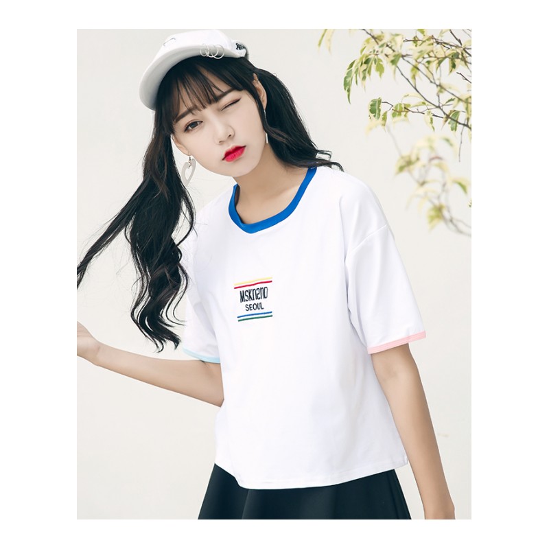 2018夏季女装新款韩国ulzzang字母刺绣宽松短袖T恤女学生短款上衣