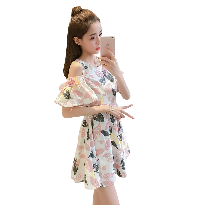 2018夏季韩版新款小清新露肩系带喇叭袖收腰小个子裙子连衣裙女潮