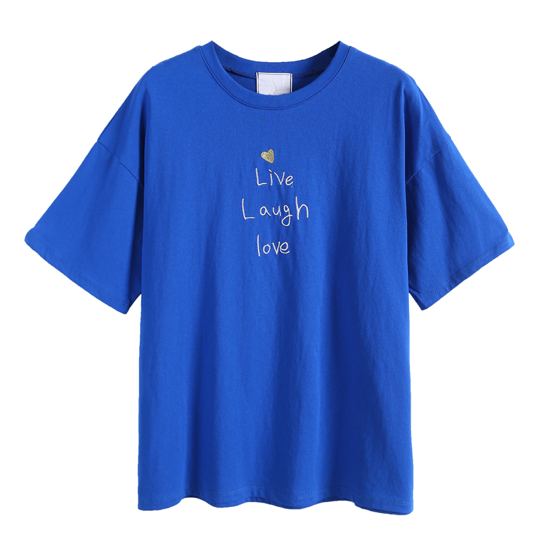 2018夏装新款韩范大码T恤女短袖宽松半袖纯棉体恤刺绣蓝色浅紫INS