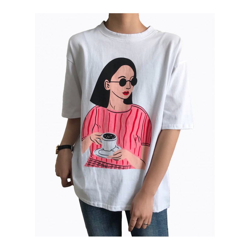 白色T恤女短袖2018新款夏韩范宽松学生ins头像印花chic半袖体恤