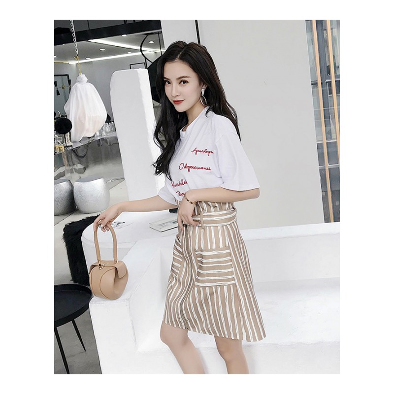 2018夏季新款显瘦刺绣字母T恤小清新时尚高腰半身裙两件套装女潮