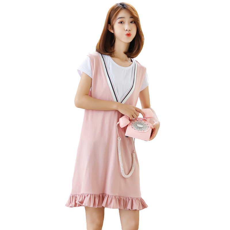 2018夏季新款韩版女装套装裙宽松显瘦短袖V领背心裙两件套连衣裙